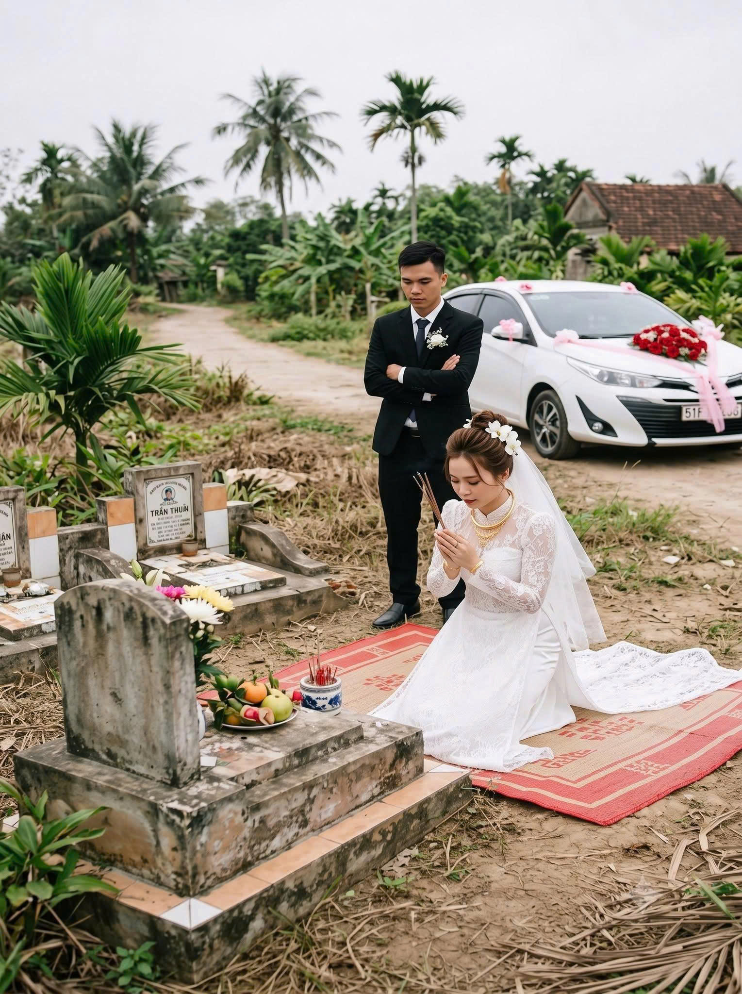 Về nhà chồng mới, cô dâu ghé thăm nghĩa trang chồng cũ